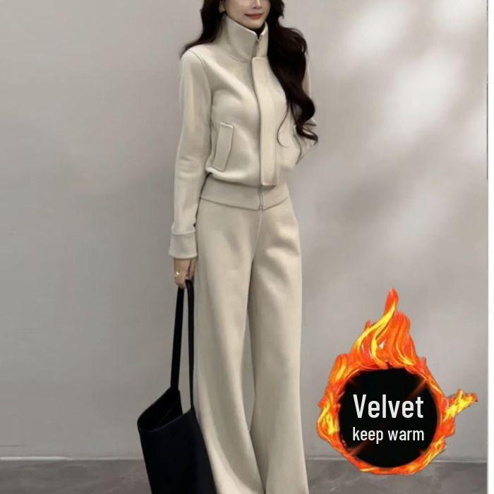 Women's Fleece-Lined Two-Piece Sports Suit - Thickened Stand Collar Cardigan & Wide-Leg Pants for Autumn & Winter
