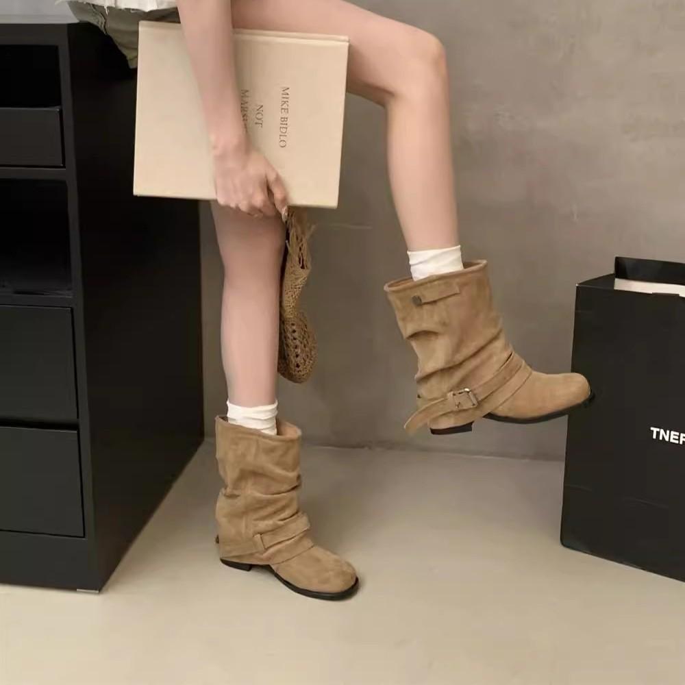 Boots women's new women's boots thick heel retro platform pleated short trousers versatile fashion stacking boots khaki