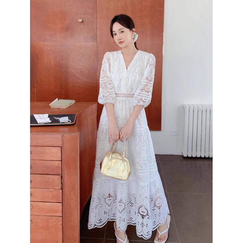 Elegant V-neck Puff Sleeve Crochet Hollow Summer Dress - 2025 Collection (A6809)
