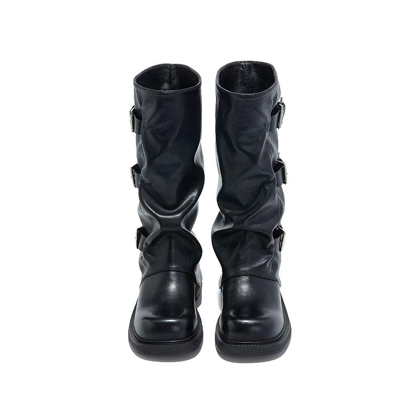 Fashion AIYUQI Women's Western Cowboy Boots 2025 New Square Toe Pleated Women Trouser Leg Boots Large Buckle Boots female