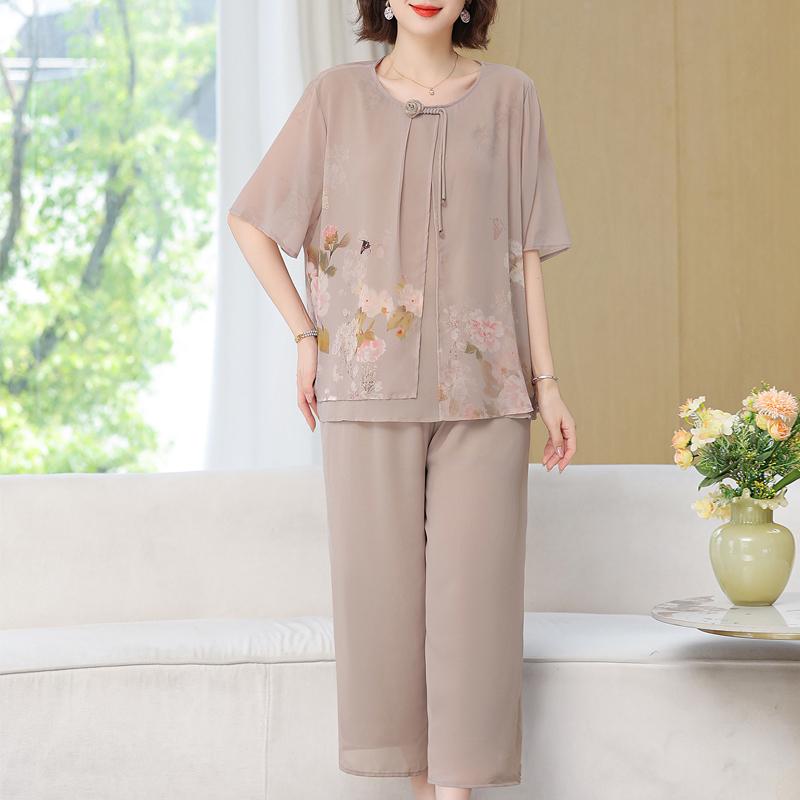 Nadměrná velikost 4XL-8XL Letní Oversize Šifonové Dvou dílné Sety Dámské Oblečení Poloviční Rukáv Ležérní Elegantní Volné Široké Nohy Kalhotové Sety