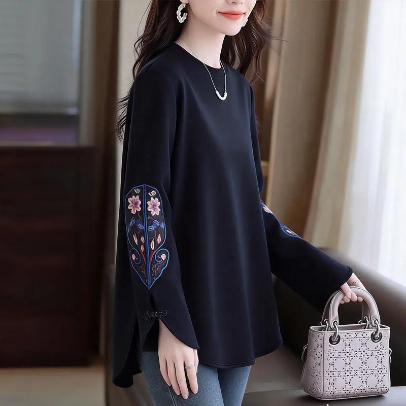 Spring and Autumn New Chinese Style Embroidered Round Neck Age-Reducing Versatile Loose Temperament Women's Mid-Length Top