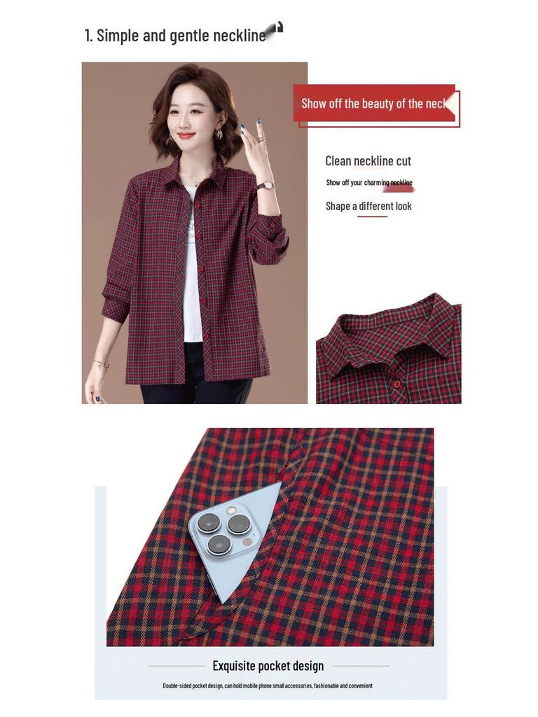 2025 New Autumn Plaid Cotton Shirt for Middle-Aged & Elderly Women - Plus Size, Turn-Down Collar, Cotton Linen