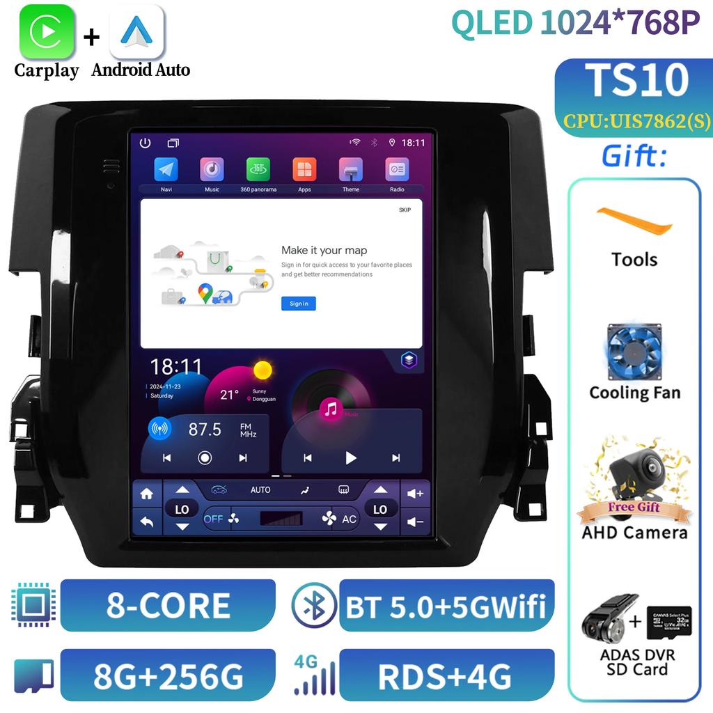 9.7inch For European Left Rudder Honda Civic 2016-2018 Car Radio Android Multimedia Navigation CarPlay 4G GPS Screen Stereo GPS