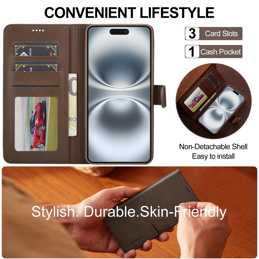 LC.IMEEKE For iPhone 17 Case Calf Texture PU Leather Stand Wallet Phone Cover