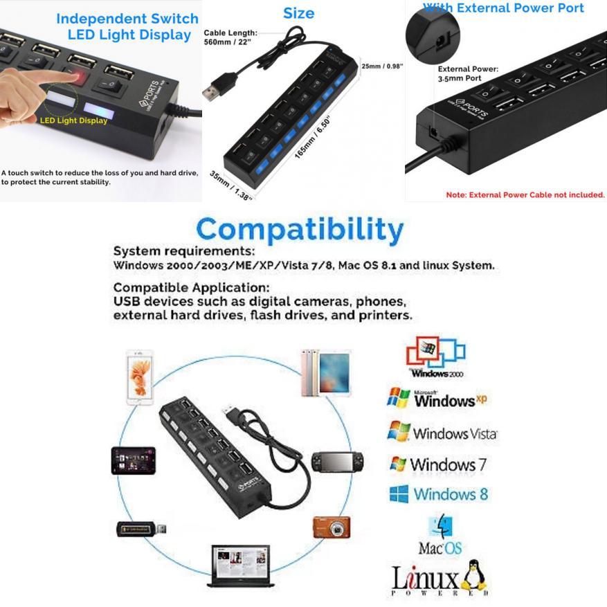 Port 7 Usb Hub 20 Power Adapter Cable Splitter With Power Onoff Switch High Speed Usb Micro Hub