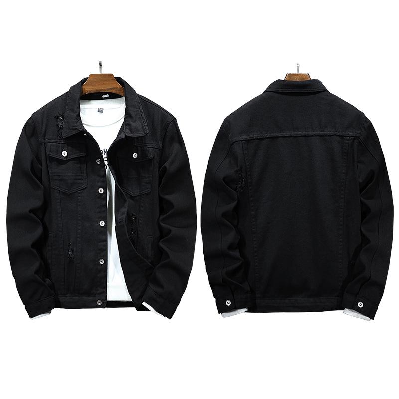 Men's Trendy Black Denim Jacket: Casual, Versatile, Ripped Style for Autumn and Winter