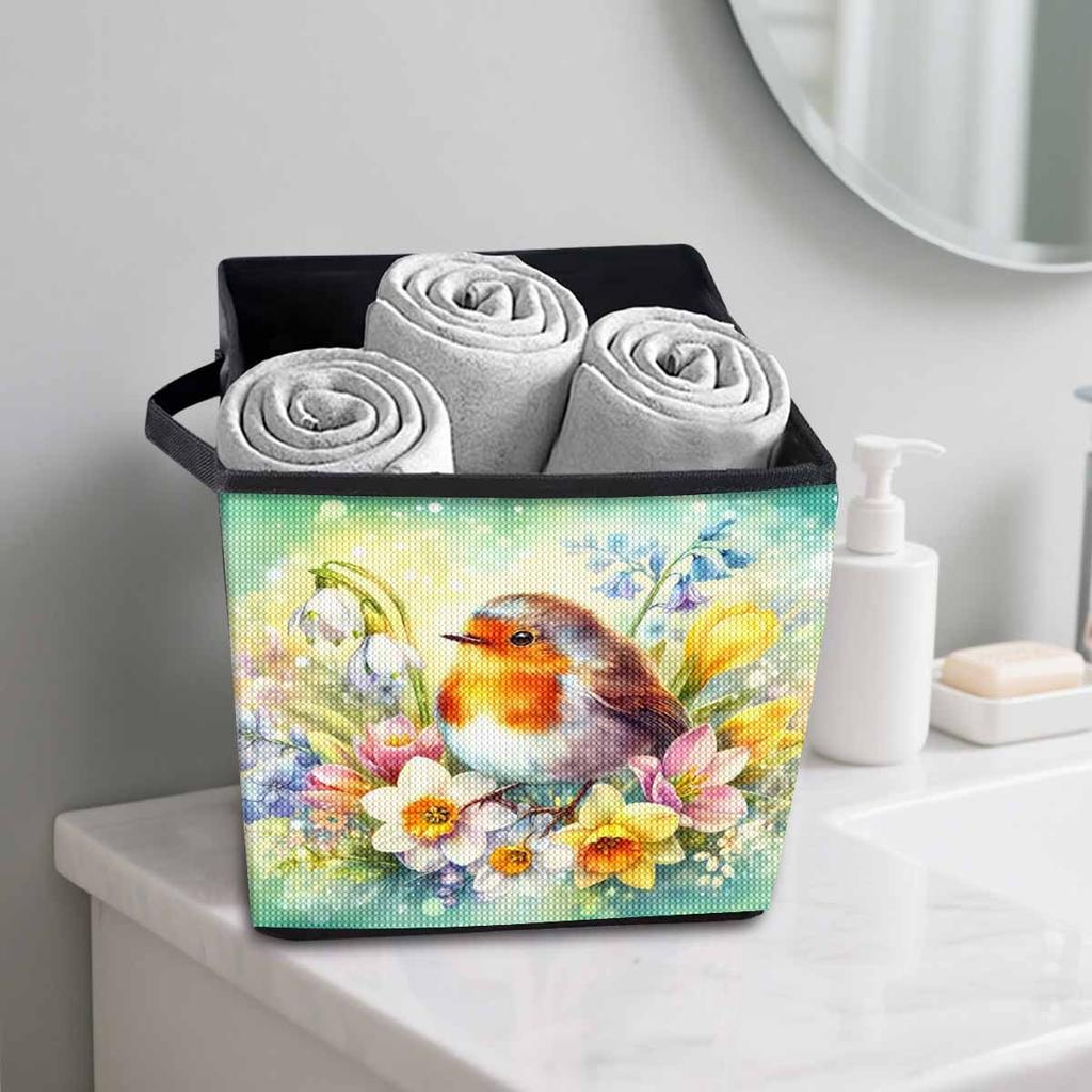 Der Vogel auf der Blume 5D Diamantmalerei Aufbewahrungskorb Vollrunde Bohrmosaik Diamantstickerei Kreuzstich-Sets Heimdekor Heimdekor