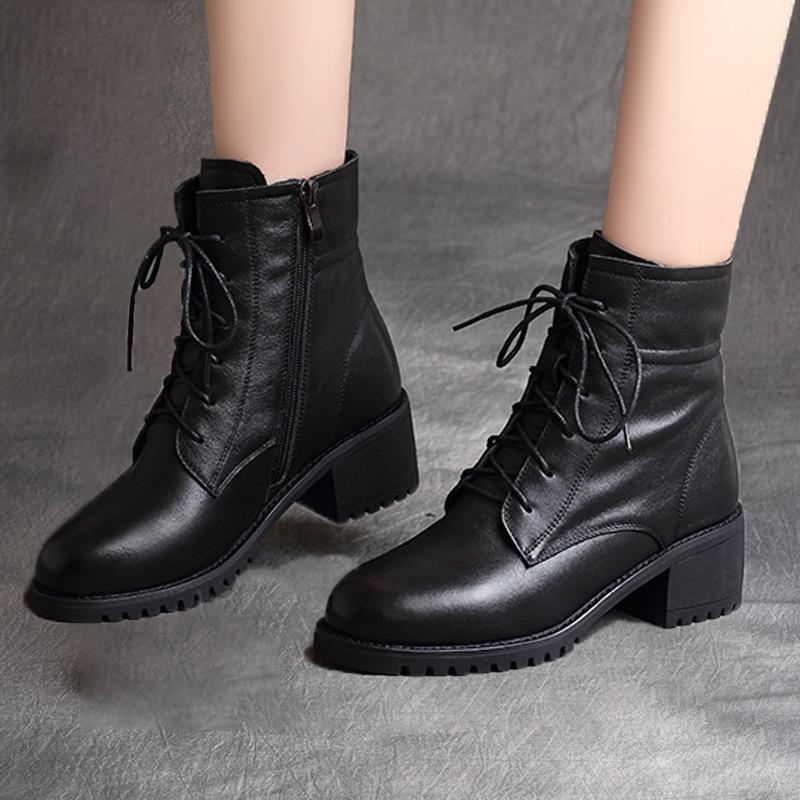 Short Boots for Women 2025  New Fashion British Style Soft Leather Mid Heel Thick Heel Versatile Women's Short Boots