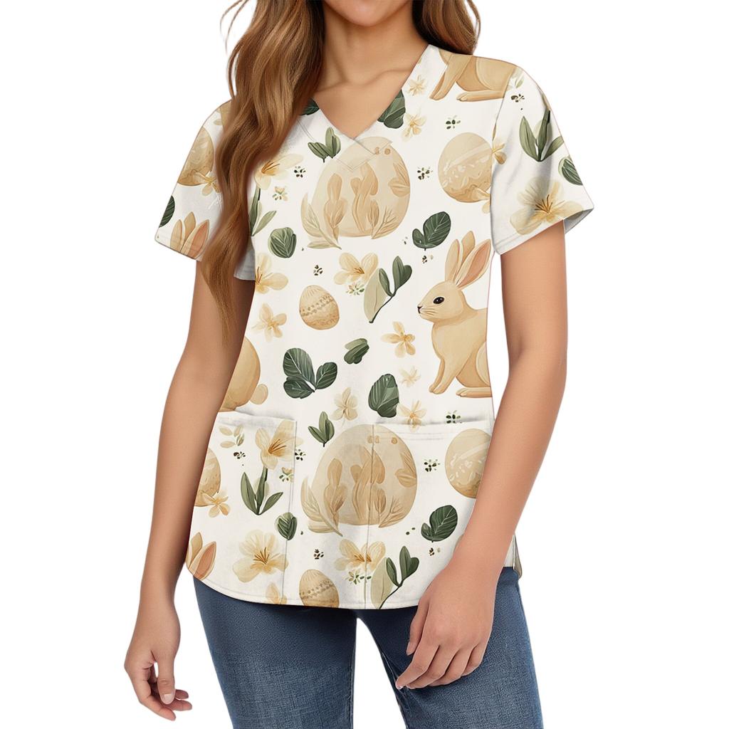 Women's Fashionable V-neck Short-sleeved Work Uniform with Pockets, Easter Print Top, Caregiver Uniform.