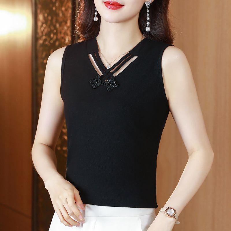 

2024 Лето Новинка Модный Облегающий Трикотажный Базовый Топ-Майка Женский Однотонный V-образный Вырез Лоскутная Подкладка Без Рукавов Тонкий Топ L чёрный