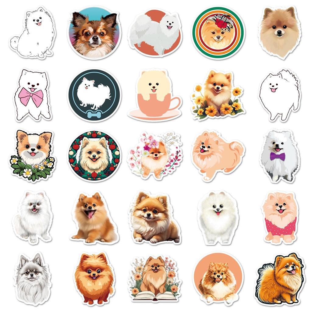 50 Pomeranian Dog Stickers: Cute Hand-Painted Puppy Decorations for Journals and Milk Tea Cups