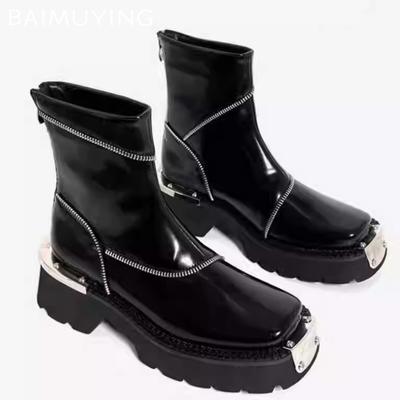 Lær Platå Dame Ankelstøvletter Mellomhæler Designer Sko Chunky Vinter Motorsykkelstøvletter Trend Ny Goth Botas De Mujer