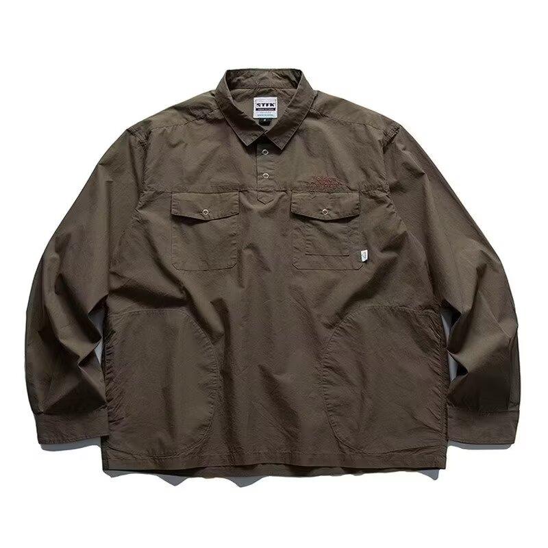 

Мужская рубашка в японском стиле с вышитыми буквами, длинными рукавами, лацканами, несколькими карманами, повседневное пальто на весну и осень 2XL армия зеленый