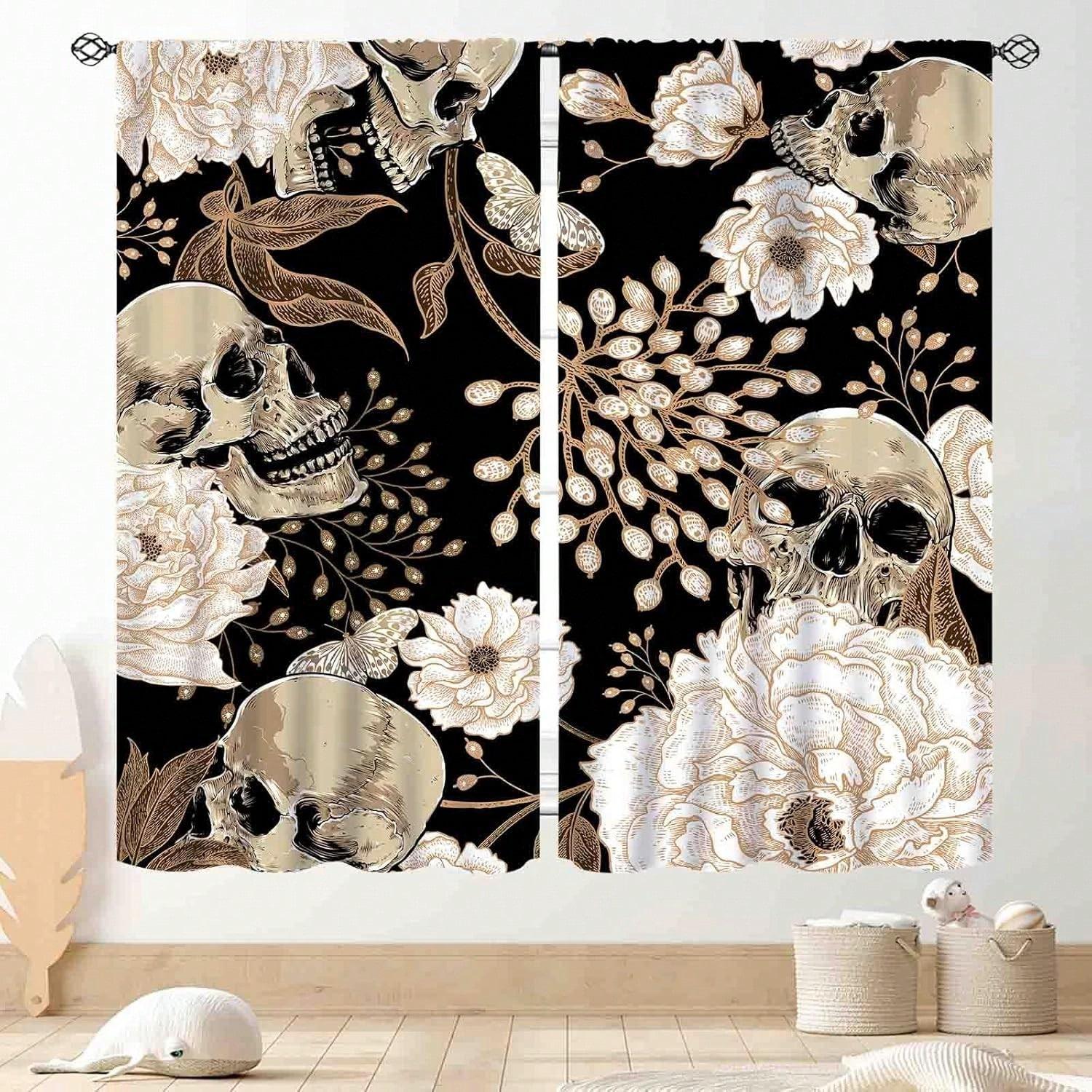Готический Цветочный Занавес Бохо Черный Цветок Призрак Настроение Колдовство Готический Пион Роза Загадочный Череп Скелет Эстетичный Занавес 100*130 HOOK 1pcs