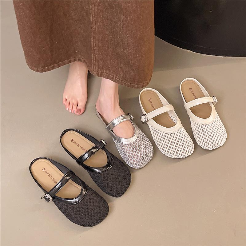 Mesh Bag Head Dragging Hole Shoes Mary Jane Half Slippers Women's Outer Wear Hollow Woven Fishing Net Shoes Non-slip Flat Sandals