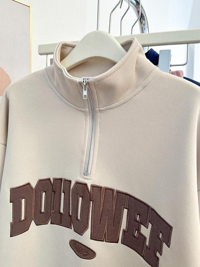 Women's Pink Retro Half-Zip Sweatshirt - Spring Thin, Oversized Streetwear with Stand-Up Collar