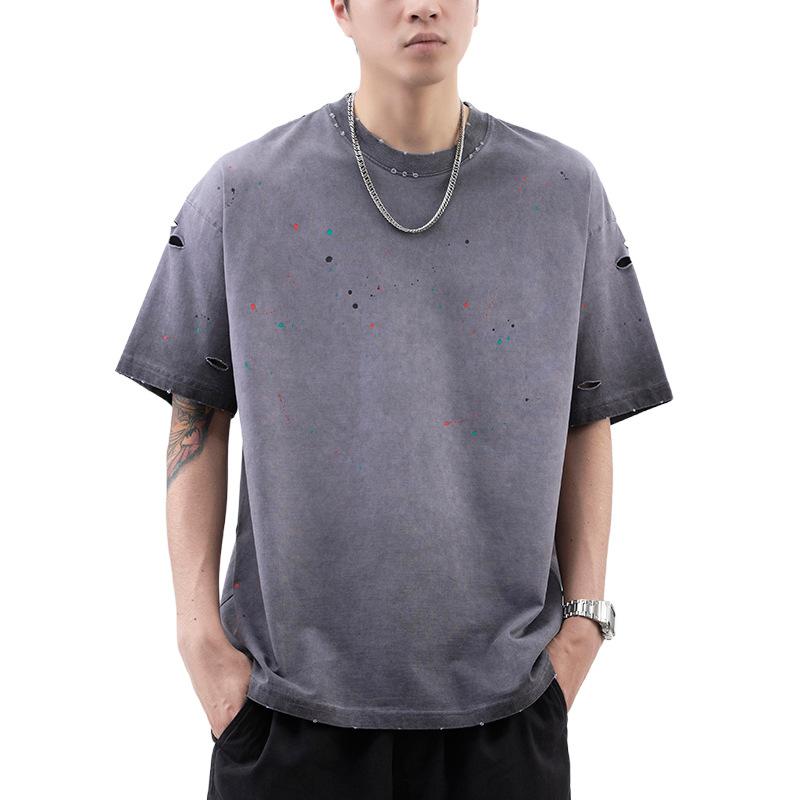 Summer American High-density Knit Loose Hand-painted Craft Men's T-shirt Short-sleeved
