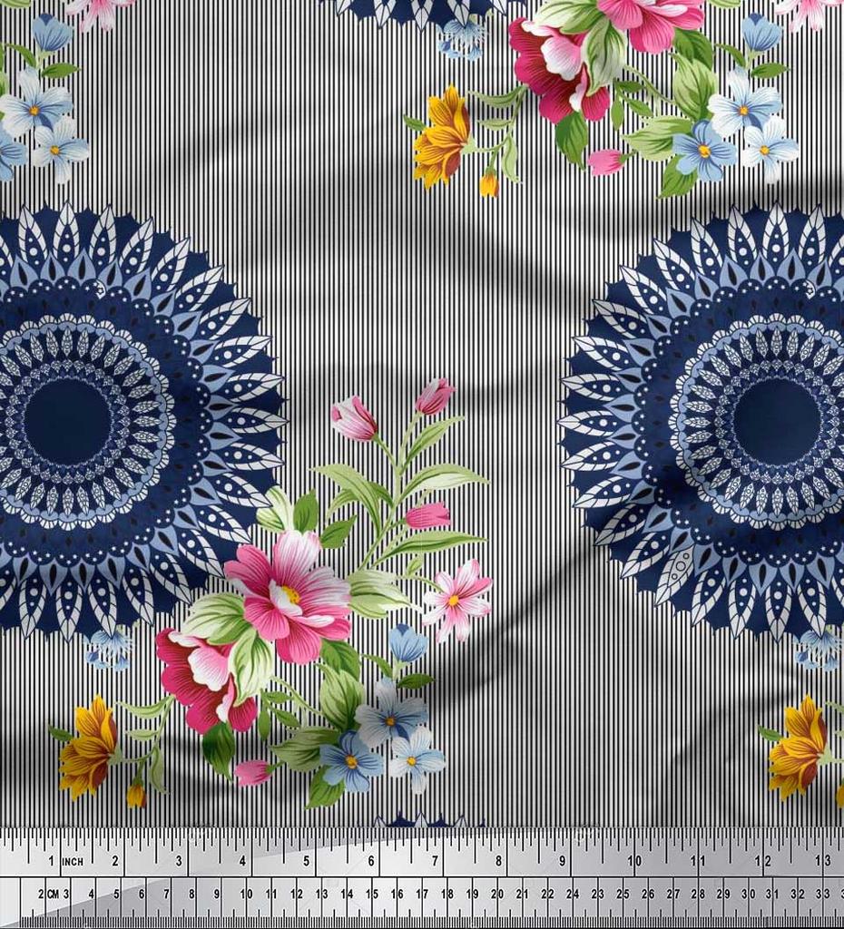 Soimoi Japan Crepe Satin Fabric Stripe,Floral & Mandala Printed Craft Fabric by the Metre 42 Inch