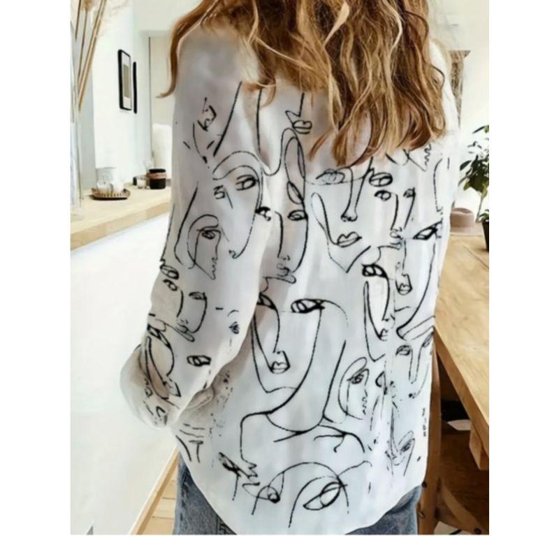 Fashion Style Spring & Fall New Arrival Single-Breasted Figure Print White Temperament Commute Ol Fashion Long Sleeve Shirt Top Female