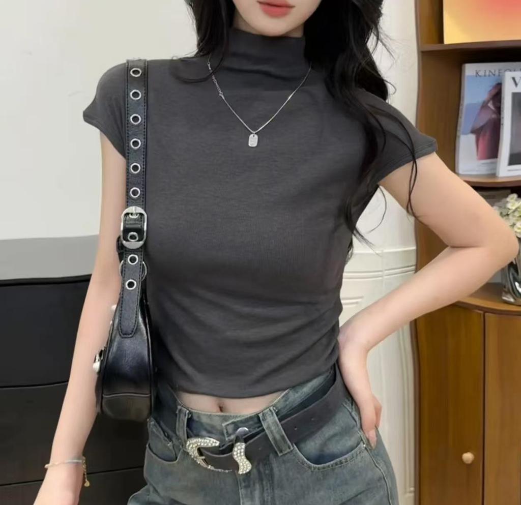2025 Women's Slimming Korean Style Solid Color Half High Neck Short Sleeve T-shirt for Early Autumn