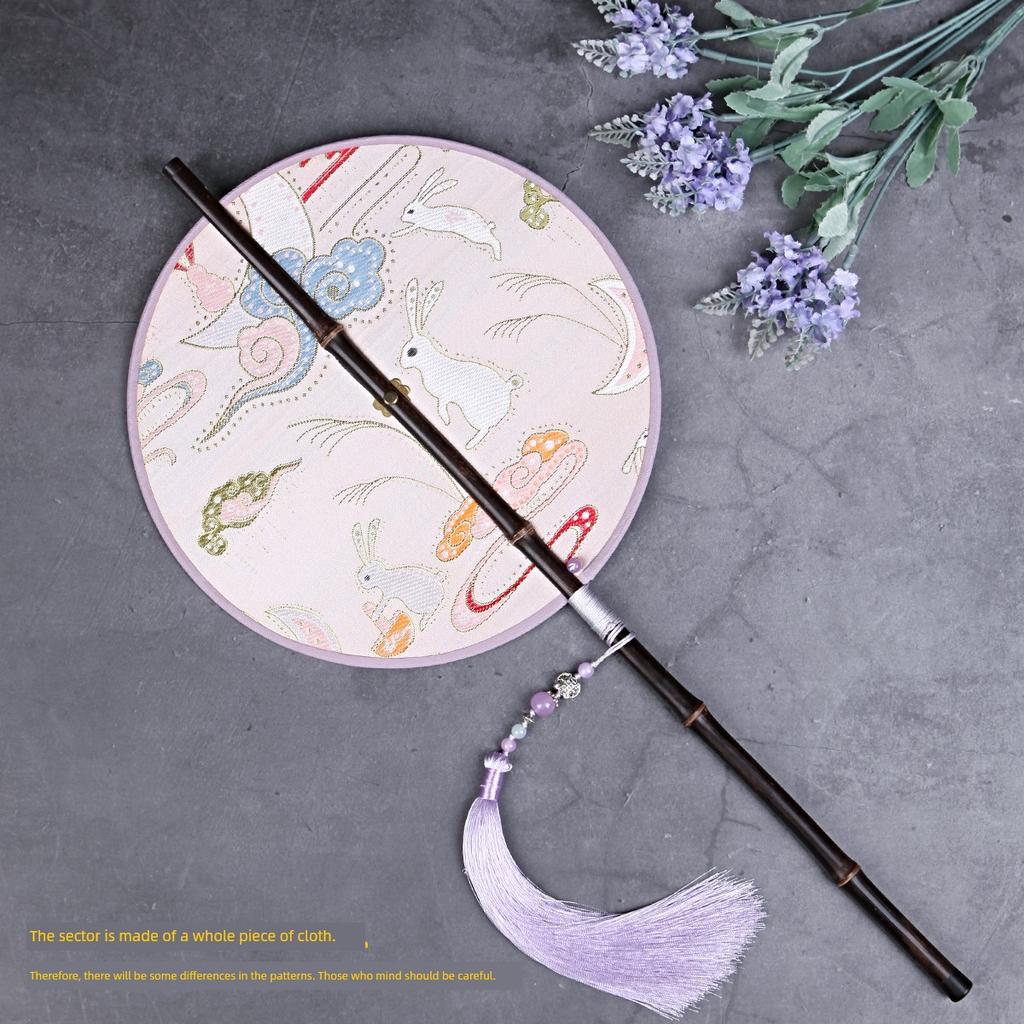 Chinese Ancient Style Black Bamboo Waist Fan Han Dynasty Circular Fan Chinese Style Long Handle Tassel Curling Folding Fan Classical Portable Wrist