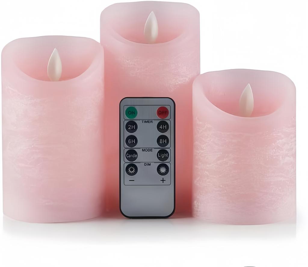 Set of 3 Flickering Flameless Pink LED Candle Battery Operated W/timer Remote Control Velas Artificiales Para Decor Paraffin Wax