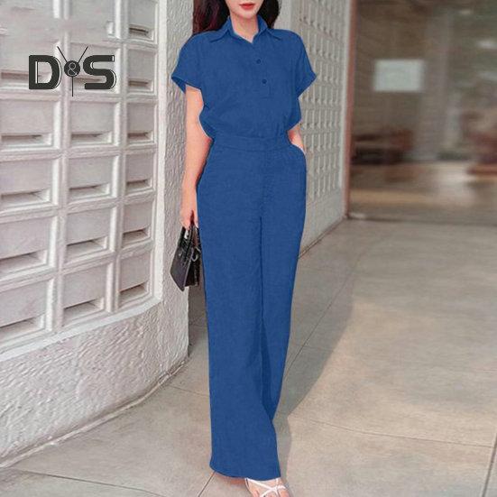 2Pcs/Set Women Pants Shirt Suit Lapel Short Sleeve Single breasted Wide Leg Loose Solid Color Pockets High Waist Lady Top Trousers Set