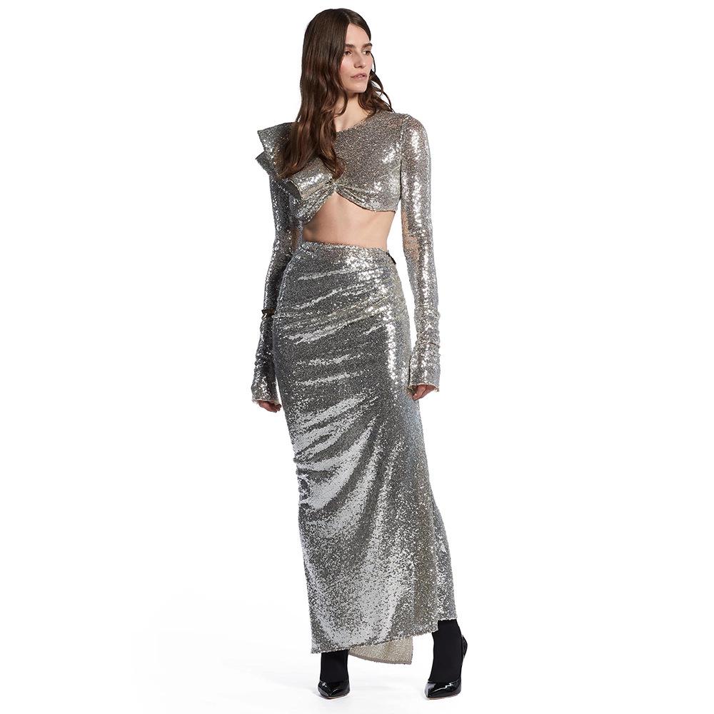 Spring and Autumn European-American Women's Two-Piece: Silver Sequin Long Skirt and Top