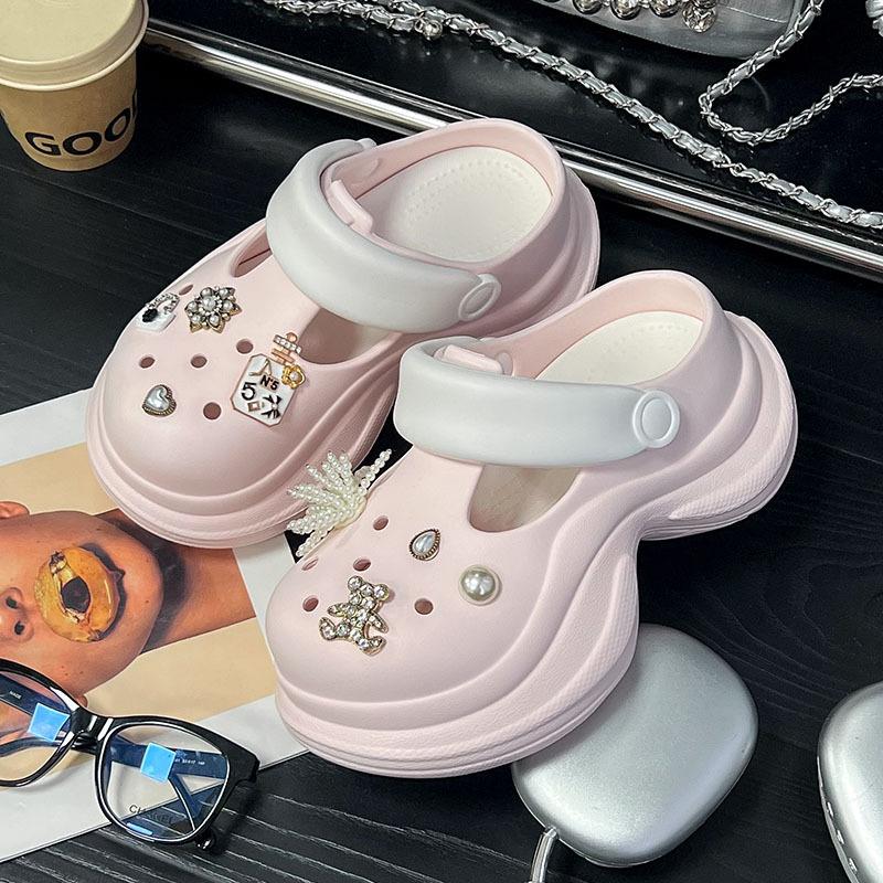 Height-increasing Hole Shoes Women's Summer Wear Non-slip Bear Pearl Flower Bag Head Hole Shoes Two-color Thick-soled Cool Slippers