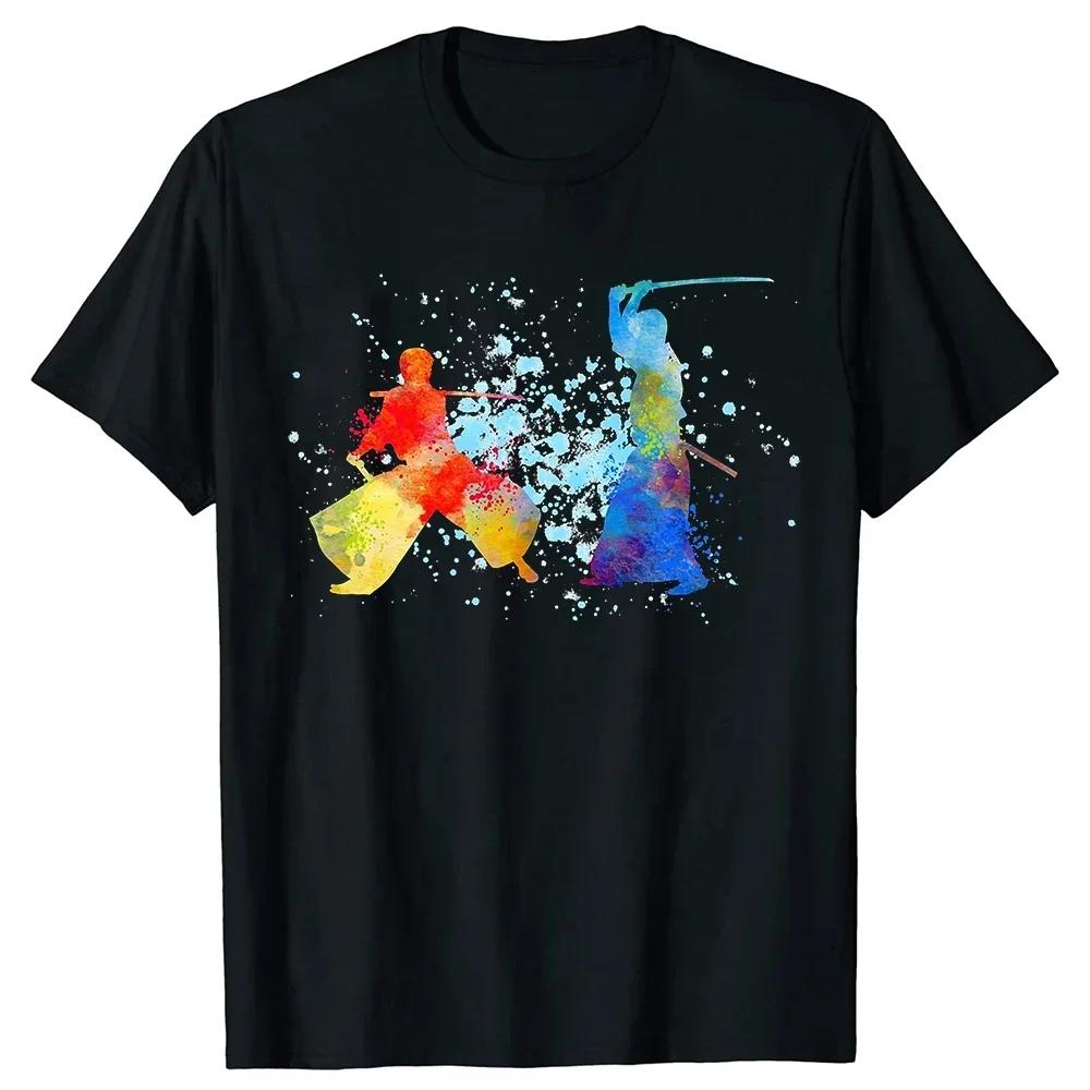 Watercolor Kendo Fighters Martial Arts Unisexs Cotton Graphic TShirt Breathable Short Sleeve S