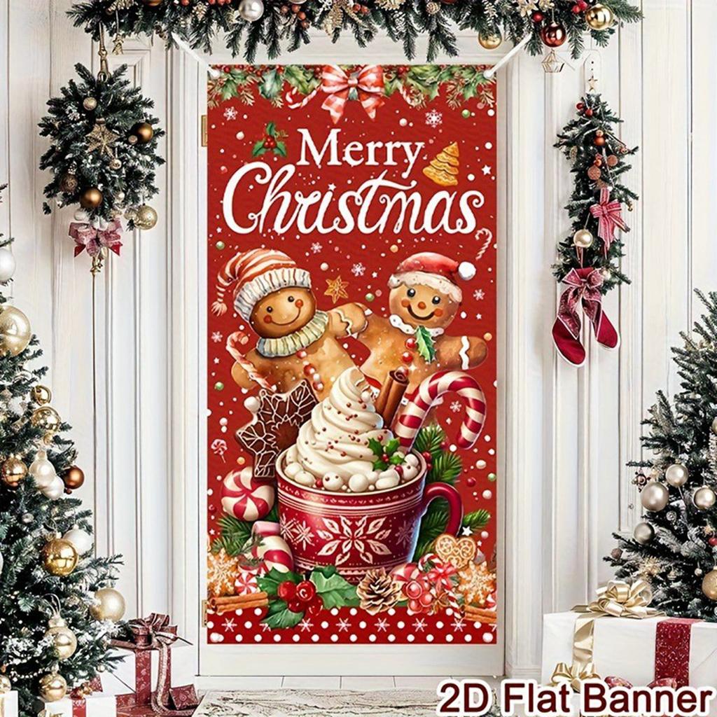 Christmas Door Cover, Red Pattern, Christmas-themed Background Decoration, Suitable For Winter Party Supplies.
