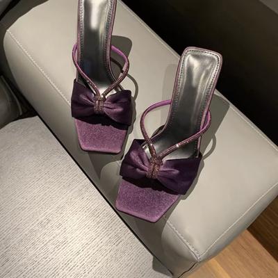 Fashion Purple Satin Rhinestone One-Strap Sandals for Women 2025 Summer New Bow Open-Toe Thin High-Heeled Slippers Casual Fashion Slides