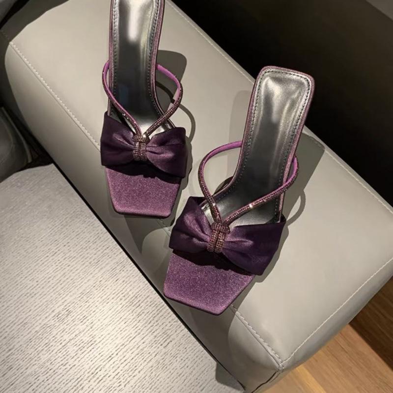 Fashion Purple Satin Rhinestone One-Strap Sandals for Women 2025 Summer New Bow Open-Toe Thin High-Heeled Slippers Casual Fashion Slides