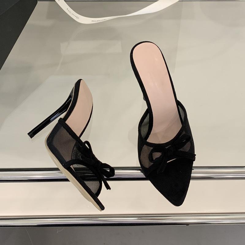 Fish Mouth Open-toed Stilettos Summer New Sexy Mesh Women's Shoes Wear Pointed Bow Cool Slippers