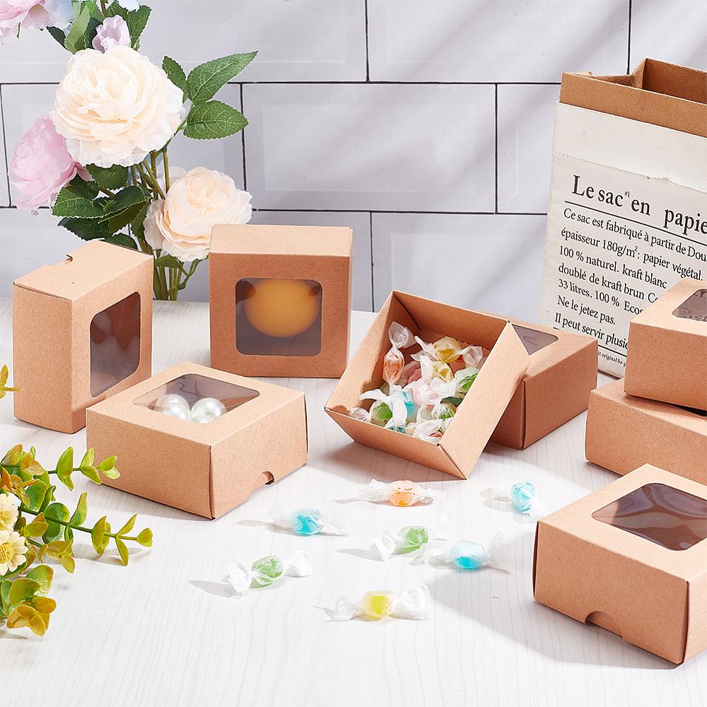 20sets Folding Kraft Paper Cardboard Jewelry Gift Boxes with PVC Visible Window Square BurlyWood Finished Product: 8x8x4cm