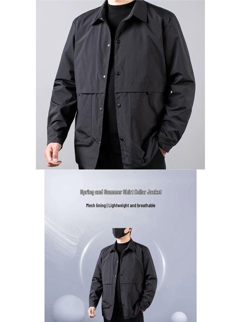 Men's Plus Size Windproof Lapel Workwear Jacket - Black/Navy Blue, Casual Loose Fit for Spring/Autumn