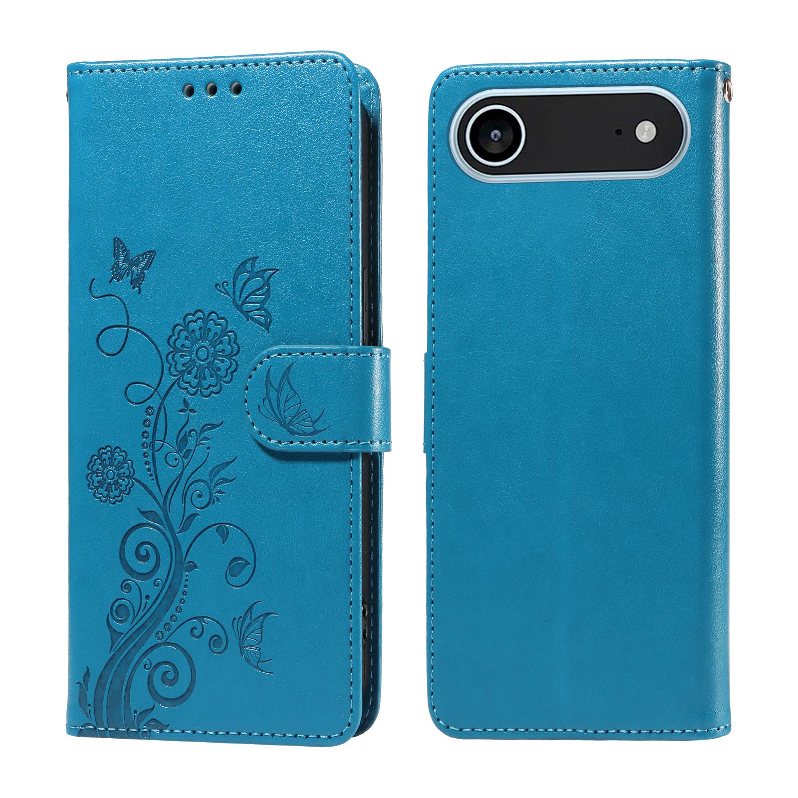

For iPhone 17 Air Leather Case Butterfly Floral Imprint Wallet Stand Cover Blue