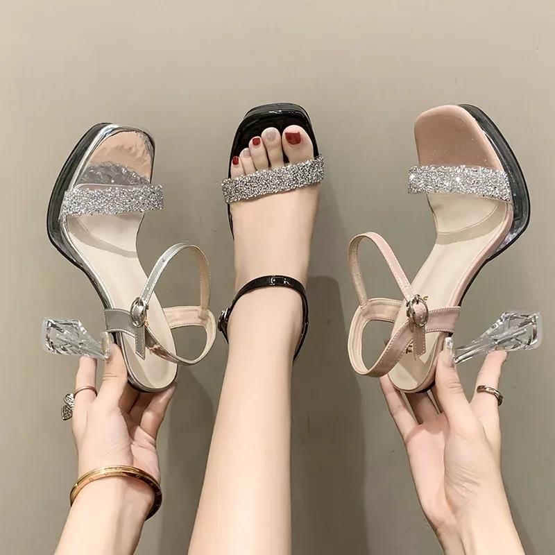 Fashion 2025Summer Ladies Bridal Sandals Transparent Thin Heels Buckle Strap Waterproof Platform Rhinestone  Party Shoe