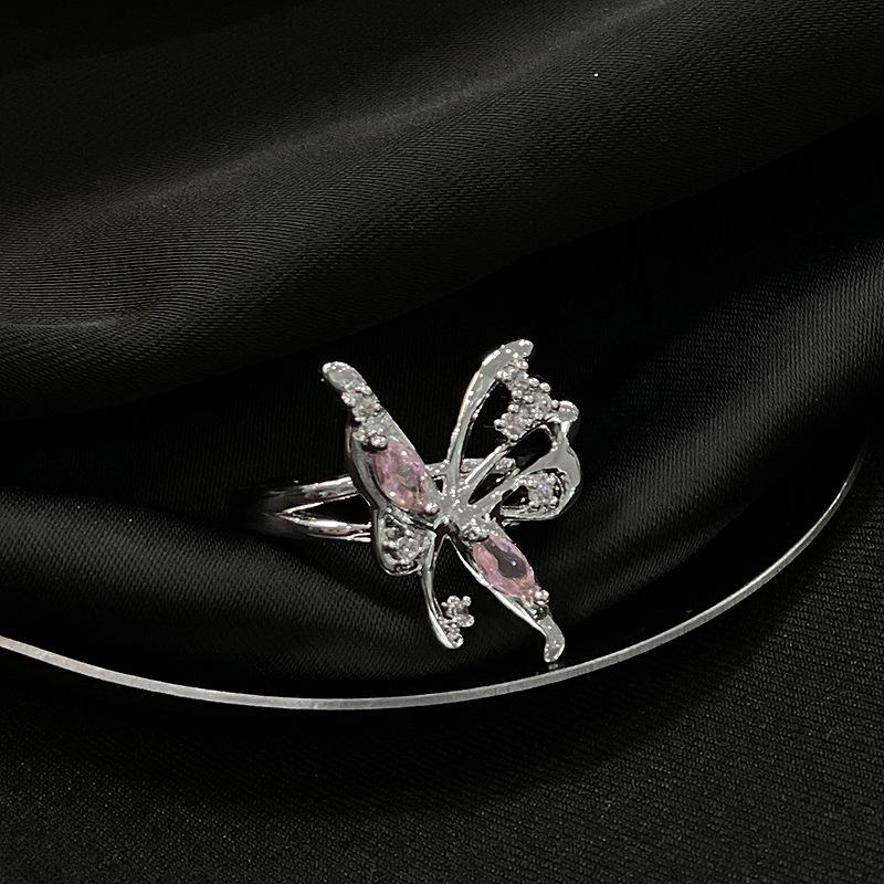 Sweet And Cool Pink Love Full Of Diamonds Zircon Butterfly Open Ring Candy Light Luxury Niche Design Advanced Sense Index Finger Ring