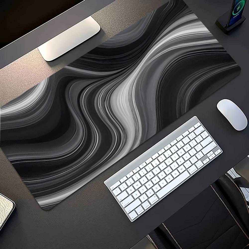 Desk Mat Modern Black Grey Marble Wave Print Stitched Edge AntiSlip Rubber Base Mouse Pad For Gaming Working Home Office