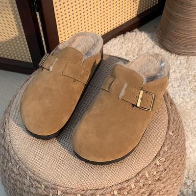 Mode Chaussons Baotou pour Femmes Hiver Nouveauté Bout Rond Bouche Profonde Boucle Métallique Antidérapants Résistants à l'Usure Chaussures Plates