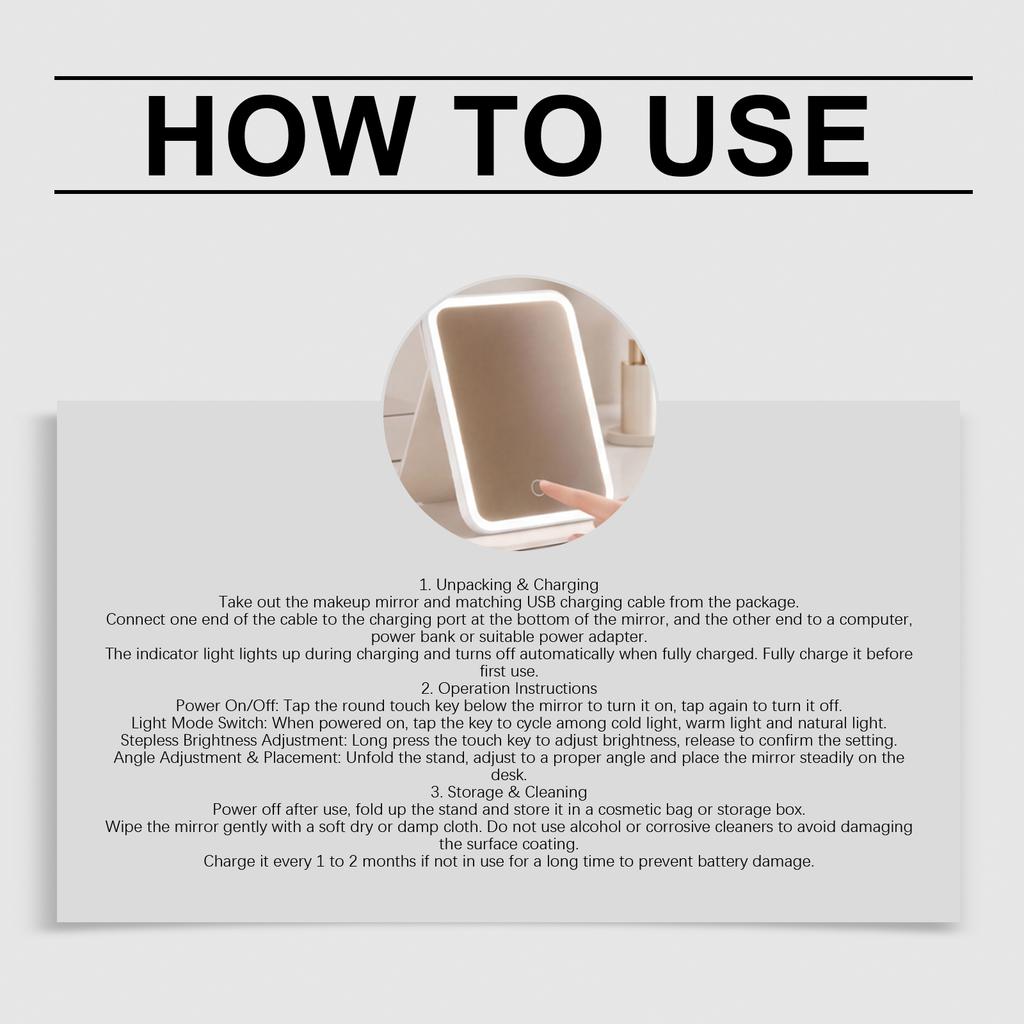 [Moonlight White] Three-Tone Lighting-PU Folding Mirror Daily Foldable Makeup Mirror Portable Simple Pocket Mirror