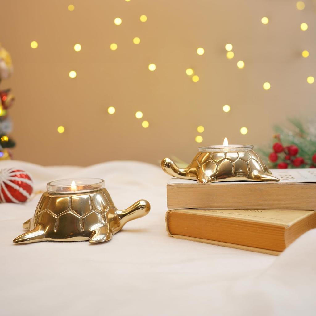 Golden Turtle Votive Holder Set Of Mother & Child, Decor Elegant Home, Golden