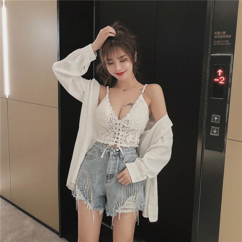 Tank Top Lace V-neck Crop Tops Women Summer Camis Backless Camisole Fashion Bandage Tube Female Sleeveless Cropped Vest
