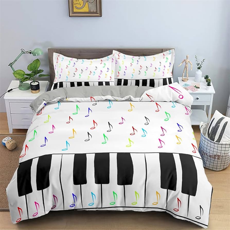 Music Bedding Set Twin Queen Musical Notes Duvet Cover For Kids Teens Girls Boys Bedroom Decor Piano Keyboard Comforter Cover