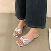 Fashion Low Heel Female Slides Sandals Women Slippers Shoes Square Toe Footwear Fashion Butterfly-Knot Ladies Heeled Slippers Shoes