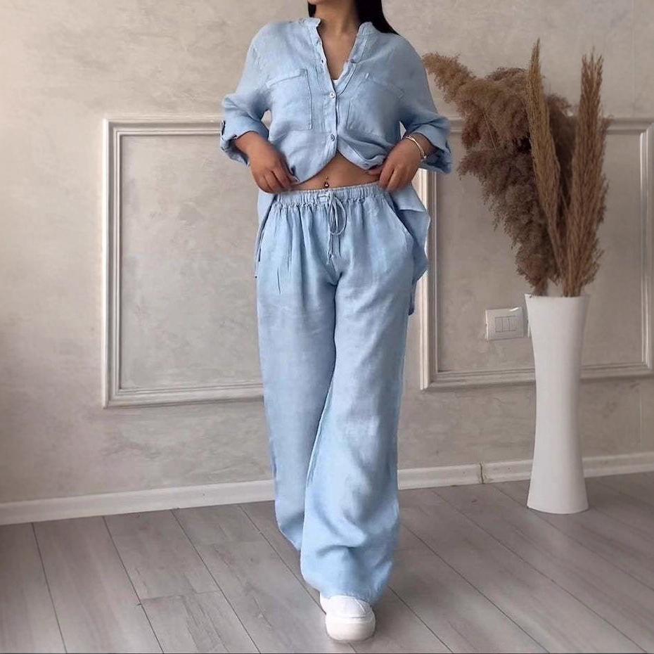 2025 Euro-americká sada bavlněných lněných košil a širokých kalhot