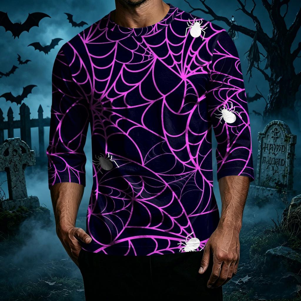 Men's Casual Halloween Pumpkin Print Raglan Sleeve T-Shirt Crew Neck Three Quarter Sleeve Top Lightweight Comfortable Fit