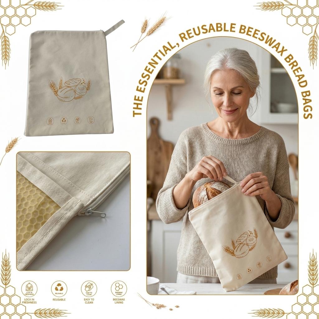 New L-shaped Zipper Double-layer Beeswax Bread Bag, Supply Of Beeswax Cloth For Preservation And Storage Beeswax Bag